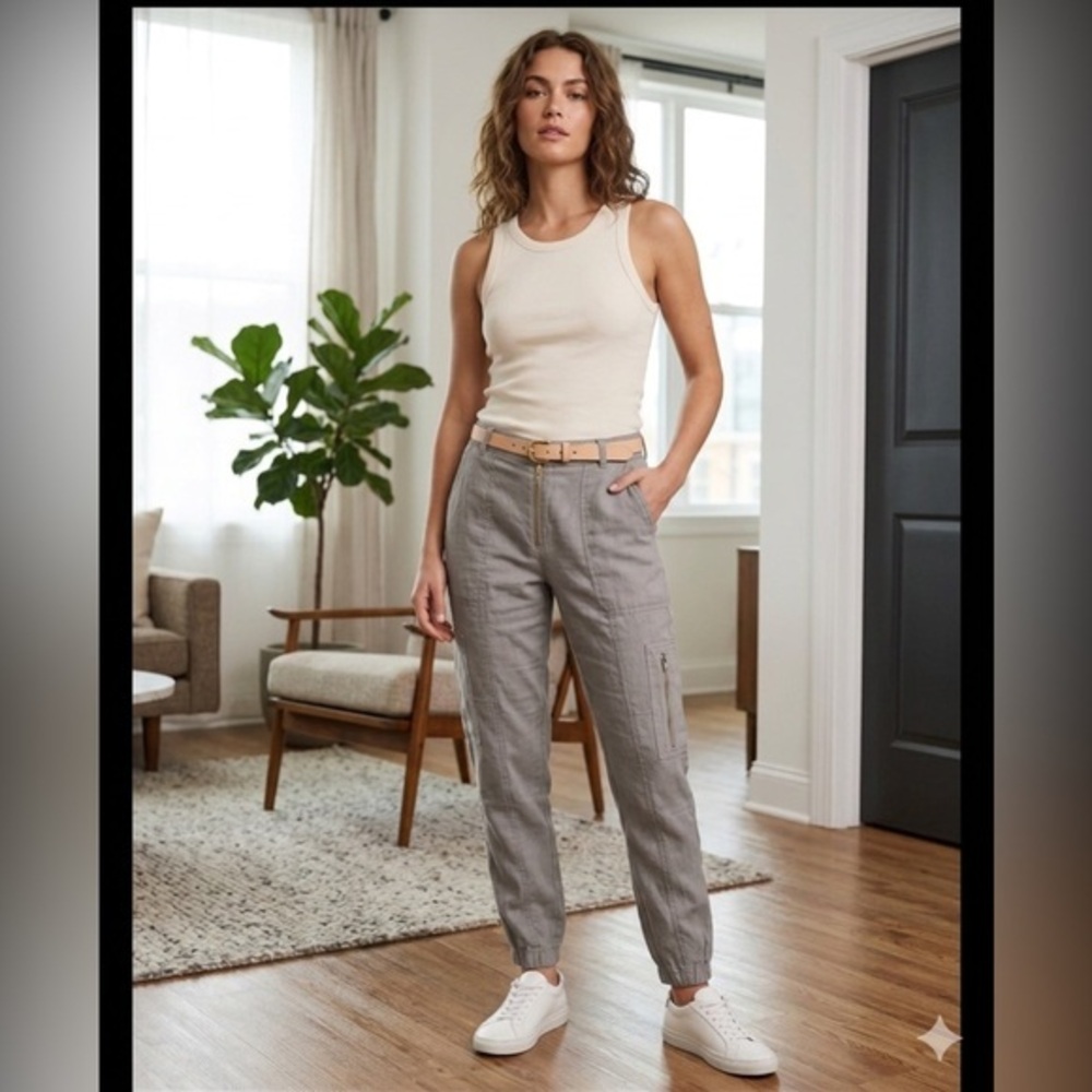 Vince Revolve Women’s 8 Gray Fossil Linen Cargo Zip Pocket Jogger Dress Pants M